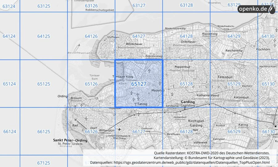 Übersichtskarte des KOSTRA-DWD-2020-Rasterfeldes Nr. 65127