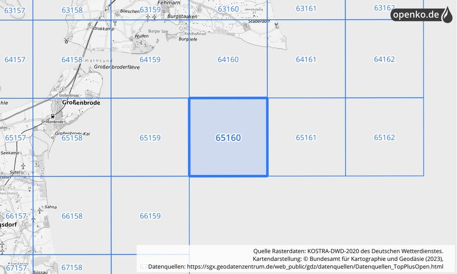 Übersichtskarte des KOSTRA-DWD-2020-Rasterfeldes Nr. 65160 Übersichtskarte des KOSTRA-DWD-2020-Rasterfeldes Nr. 65160