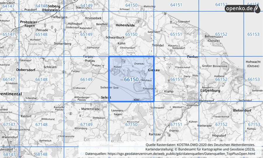 Übersichtskarte des KOSTRA-DWD-2020-Rasterfeldes Nr. 66150