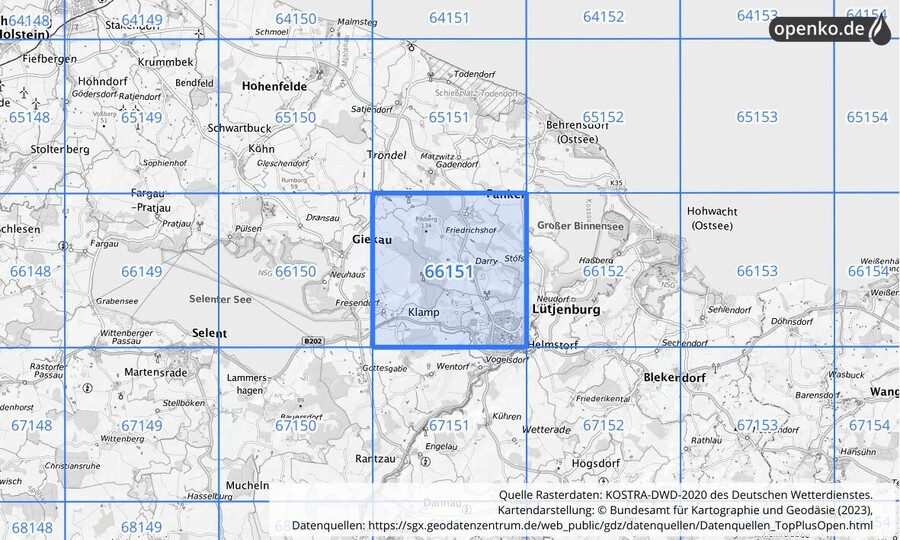 Übersichtskarte des KOSTRA-DWD-2020-Rasterfeldes Nr. 66151