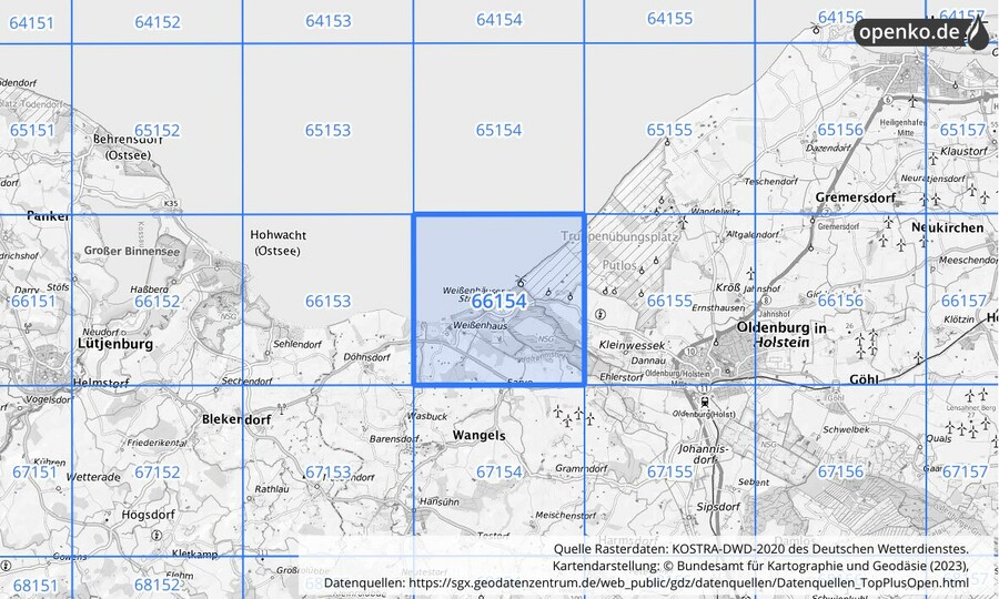 Übersichtskarte des KOSTRA-DWD-2020-Rasterfeldes Nr. 66154 Übersichtskarte des KOSTRA-DWD-2020-Rasterfeldes Nr. 66154