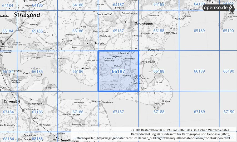 Übersichtskarte des KOSTRA-DWD-2020-Rasterfeldes Nr. 66187