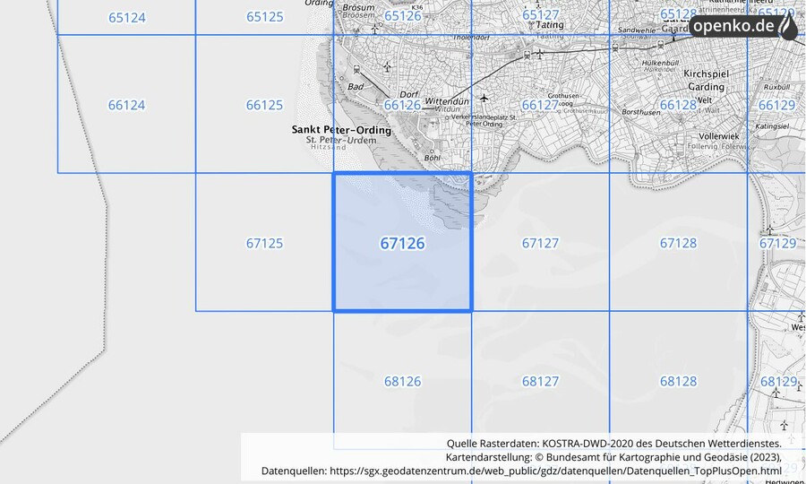 Übersichtskarte des KOSTRA-DWD-2020-Rasterfeldes Nr. 67126