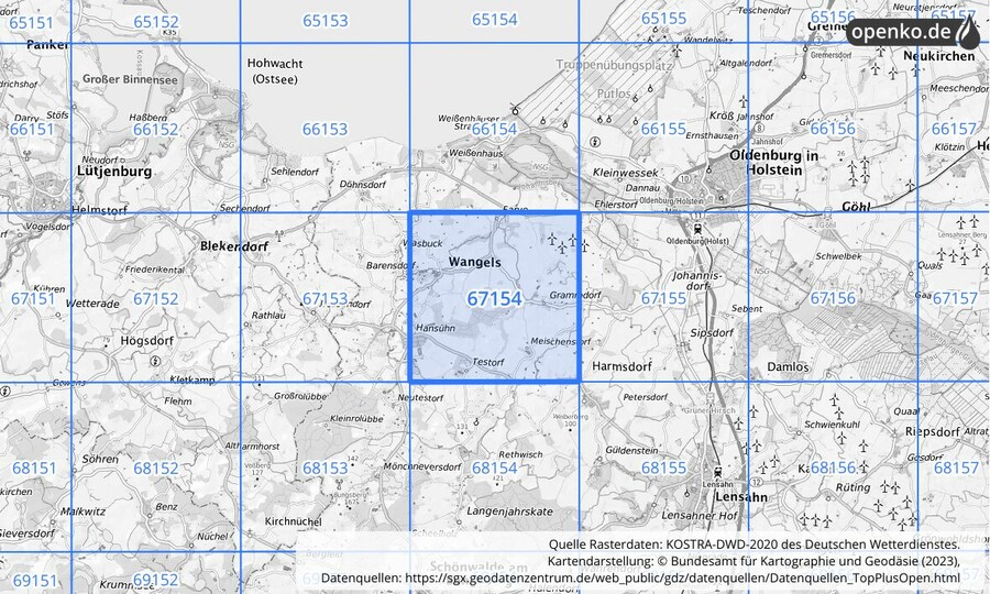 Übersichtskarte des KOSTRA-DWD-2020-Rasterfeldes Nr. 67154 Übersichtskarte des KOSTRA-DWD-2020-Rasterfeldes Nr. 67154