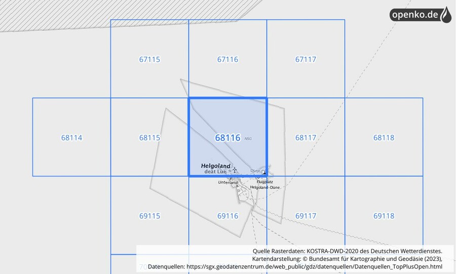 Übersichtskarte des KOSTRA-DWD-2020-Rasterfeldes Nr. 68116 Übersichtskarte des KOSTRA-DWD-2020-Rasterfeldes Nr. 68116