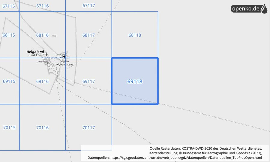 Übersichtskarte des KOSTRA-DWD-2020-Rasterfeldes Nr. 69118 Übersichtskarte des KOSTRA-DWD-2020-Rasterfeldes Nr. 69118