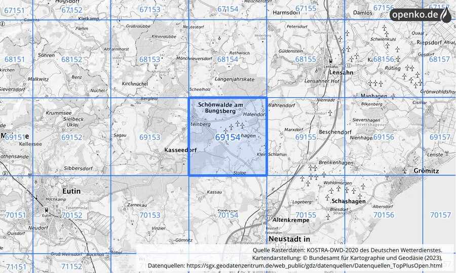 Übersichtskarte des KOSTRA-DWD-2020-Rasterfeldes Nr. 69154 Übersichtskarte des KOSTRA-DWD-2020-Rasterfeldes Nr. 69154