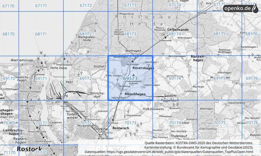 Übersichtskarte des KOSTRA-DWD-2020-Rasterfeldes Nr. 69173