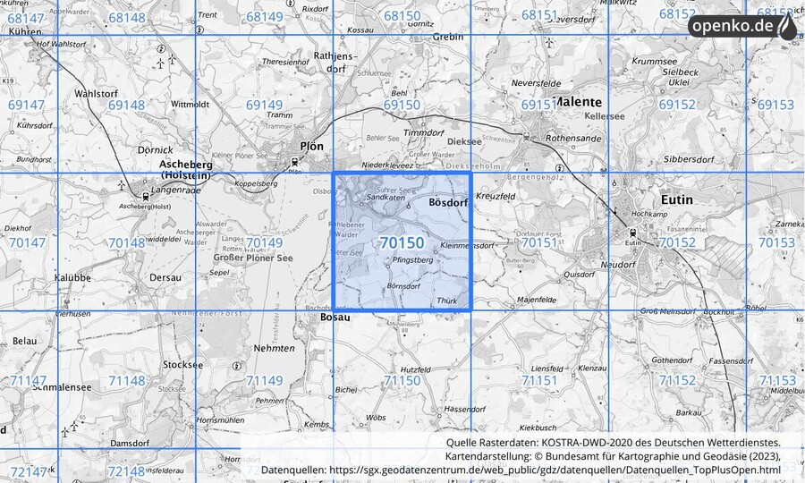 Übersichtskarte des KOSTRA-DWD-2020-Rasterfeldes Nr. 70150 Übersichtskarte des KOSTRA-DWD-2020-Rasterfeldes Nr. 70150