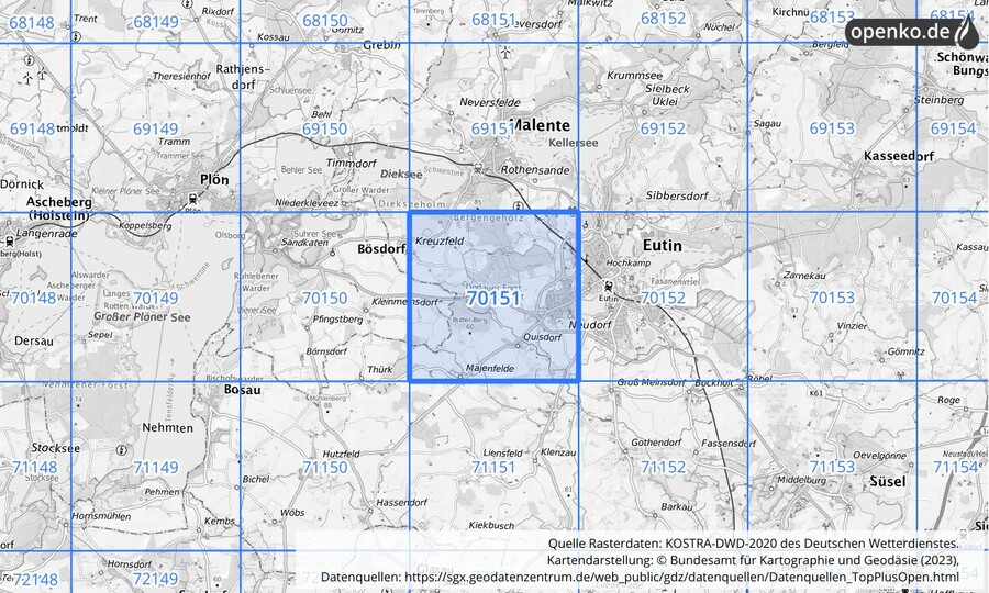 Übersichtskarte des KOSTRA-DWD-2020-Rasterfeldes Nr. 70151 Übersichtskarte des KOSTRA-DWD-2020-Rasterfeldes Nr. 70151