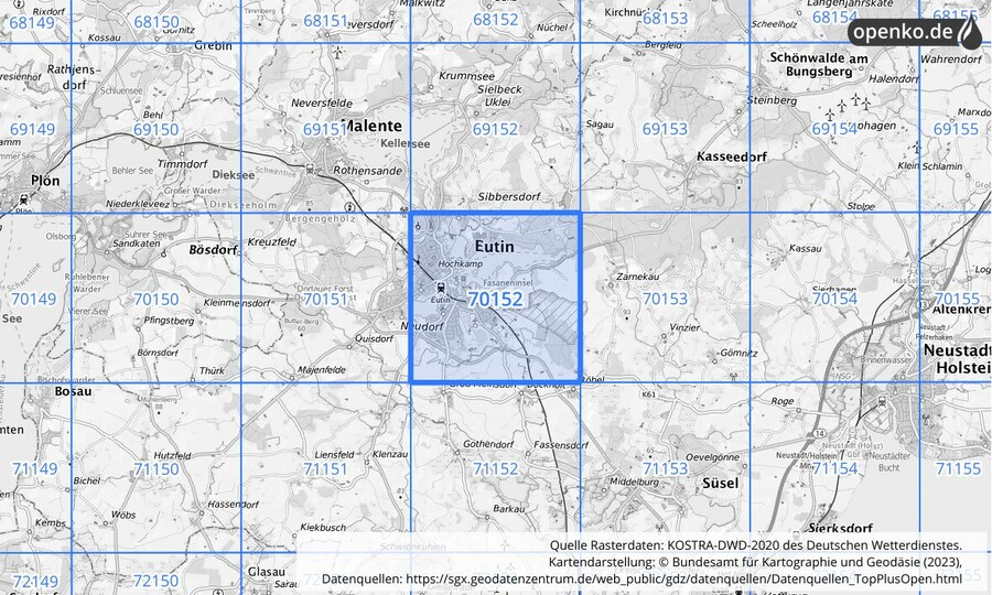 Übersichtskarte des KOSTRA-DWD-2020-Rasterfeldes Nr. 70152 Übersichtskarte des KOSTRA-DWD-2020-Rasterfeldes Nr. 70152