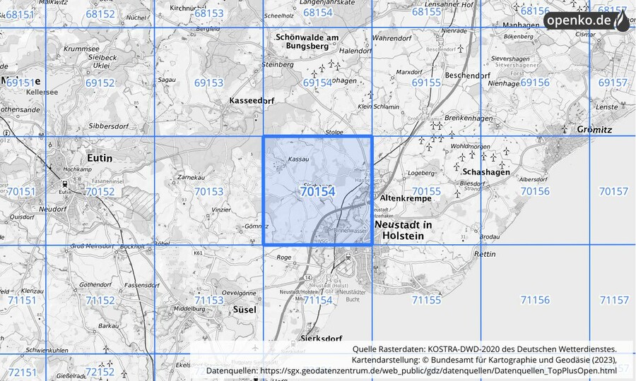 Übersichtskarte des KOSTRA-DWD-2020-Rasterfeldes Nr. 70154 Übersichtskarte des KOSTRA-DWD-2020-Rasterfeldes Nr. 70154