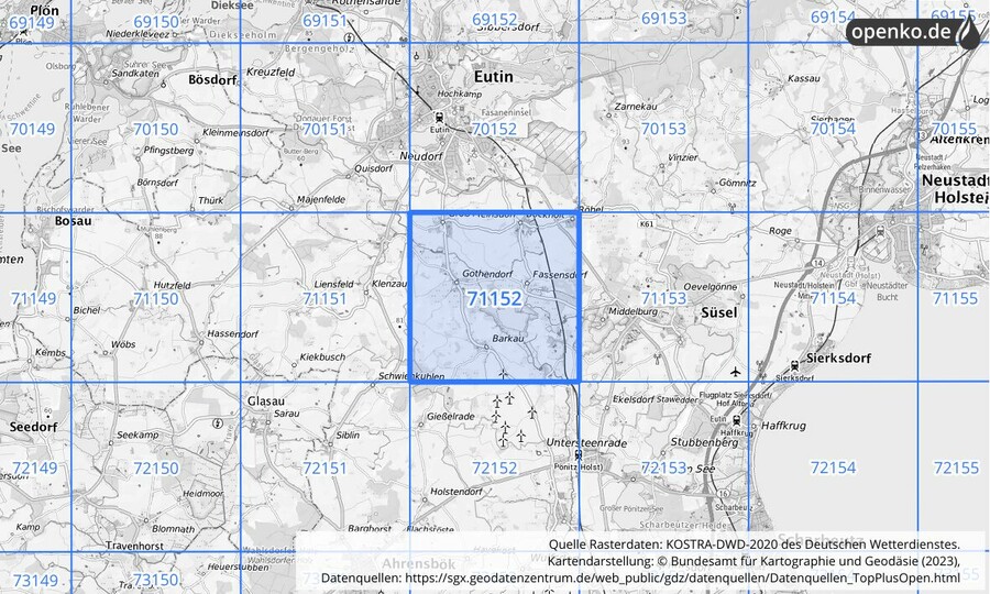 Übersichtskarte des KOSTRA-DWD-2020-Rasterfeldes Nr. 71152 Übersichtskarte des KOSTRA-DWD-2020-Rasterfeldes Nr. 71152