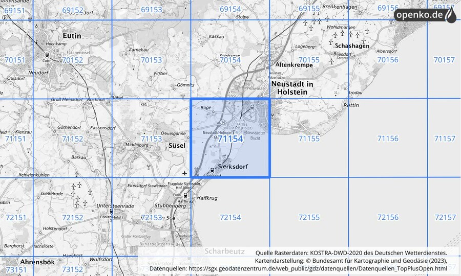 Übersichtskarte des KOSTRA-DWD-2020-Rasterfeldes Nr. 71154 Übersichtskarte des KOSTRA-DWD-2020-Rasterfeldes Nr. 71154