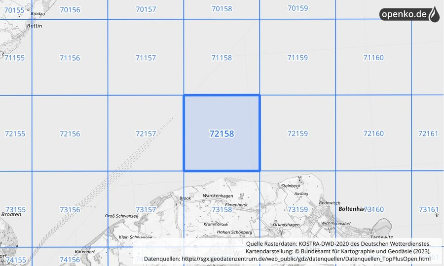 Übersichtskarte des KOSTRA-DWD-2020-Rasterfeldes Nr. 72158 Übersichtskarte des KOSTRA-DWD-2020-Rasterfeldes Nr. 72158