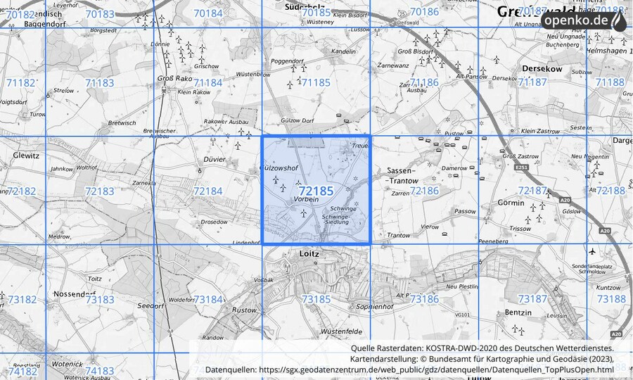 Übersichtskarte des KOSTRA-DWD-2020-Rasterfeldes Nr. 72185