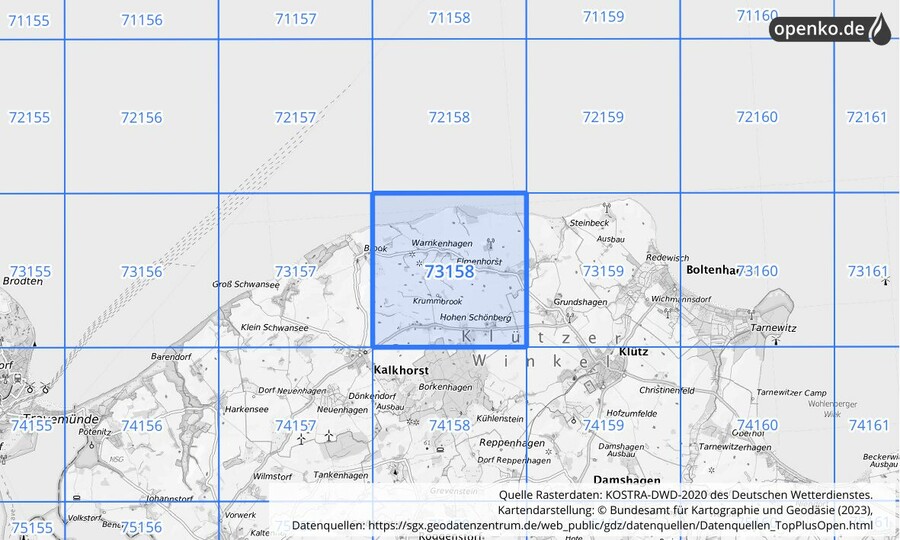 Übersichtskarte des KOSTRA-DWD-2020-Rasterfeldes Nr. 73158 Übersichtskarte des KOSTRA-DWD-2020-Rasterfeldes Nr. 73158