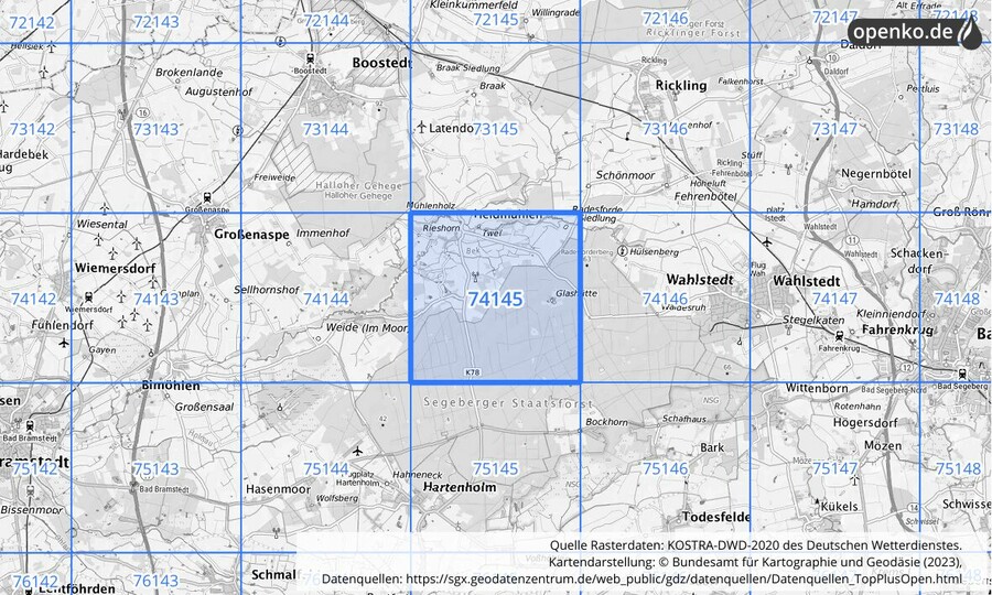 Übersichtskarte des KOSTRA-DWD-2020-Rasterfeldes Nr. 74145