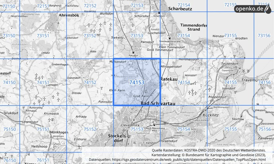 Übersichtskarte des KOSTRA-DWD-2020-Rasterfeldes Nr. 74153 Übersichtskarte des KOSTRA-DWD-2020-Rasterfeldes Nr. 74153
