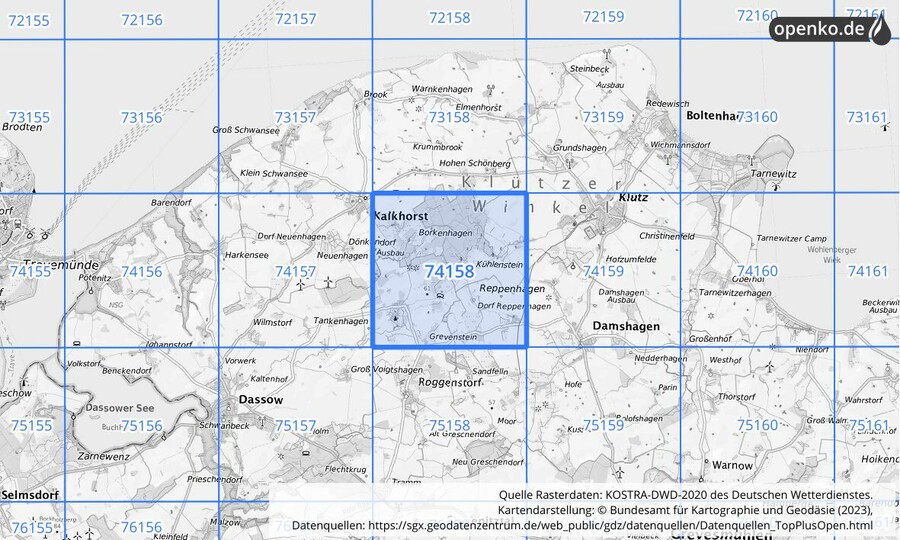 Übersichtskarte des KOSTRA-DWD-2020-Rasterfeldes Nr. 74158 Übersichtskarte des KOSTRA-DWD-2020-Rasterfeldes Nr. 74158