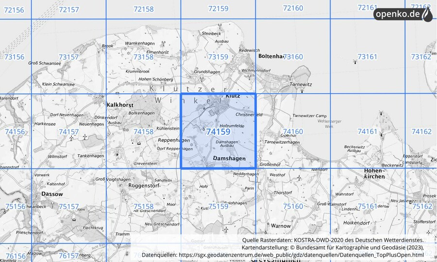 Übersichtskarte des KOSTRA-DWD-2020-Rasterfeldes Nr. 74159 Übersichtskarte des KOSTRA-DWD-2020-Rasterfeldes Nr. 74159