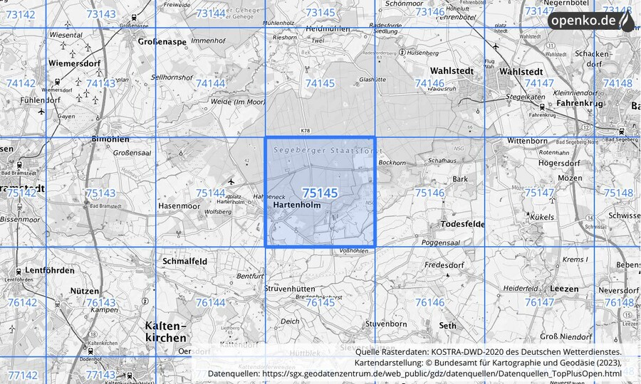 Übersichtskarte des KOSTRA-DWD-2020-Rasterfeldes Nr. 75145 Übersichtskarte des KOSTRA-DWD-2020-Rasterfeldes Nr. 75145