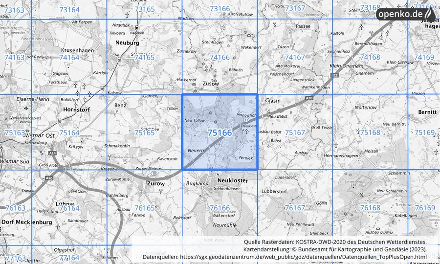 Übersichtskarte des KOSTRA-DWD-2020-Rasterfeldes Nr. 75166 Übersichtskarte des KOSTRA-DWD-2020-Rasterfeldes Nr. 75166