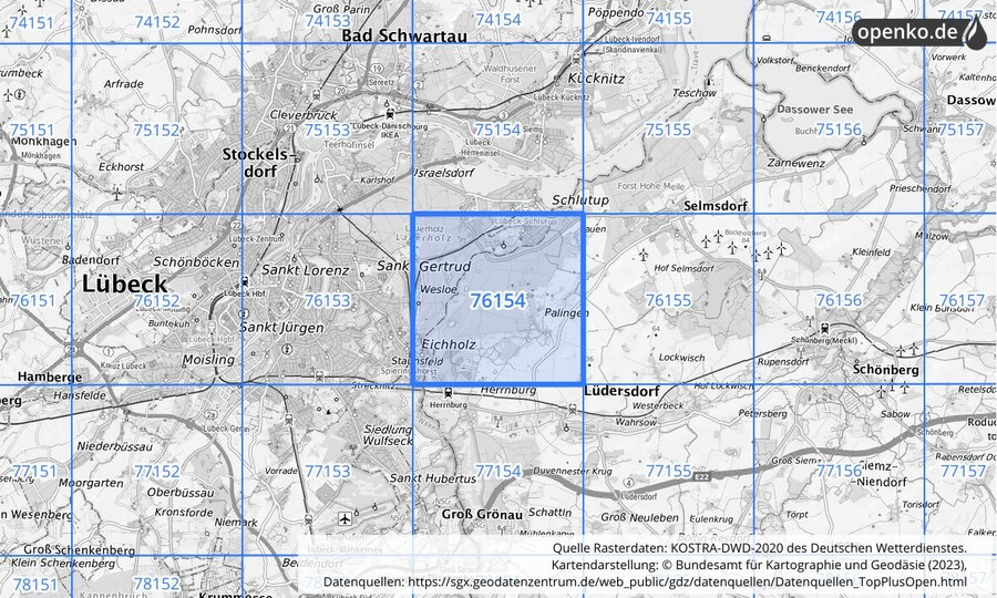 Übersichtskarte des KOSTRA-DWD-2020-Rasterfeldes Nr. 76154 Übersichtskarte des KOSTRA-DWD-2020-Rasterfeldes Nr. 76154