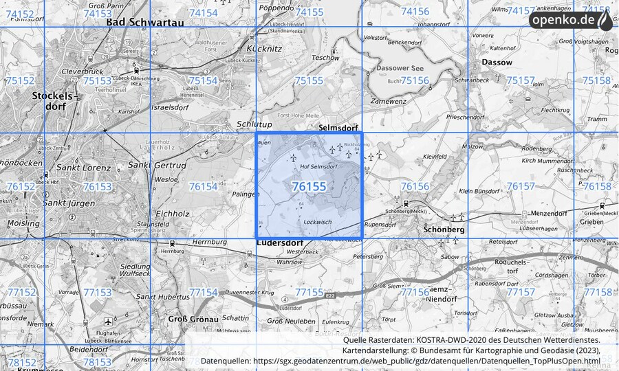 Übersichtskarte des KOSTRA-DWD-2020-Rasterfeldes Nr. 76155 Übersichtskarte des KOSTRA-DWD-2020-Rasterfeldes Nr. 76155