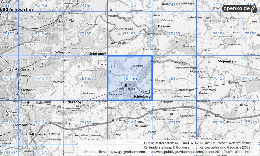 Übersichtskarte des KOSTRA-DWD-2020-Rasterfeldes Nr. 76156 Übersichtskarte des KOSTRA-DWD-2020-Rasterfeldes Nr. 76156