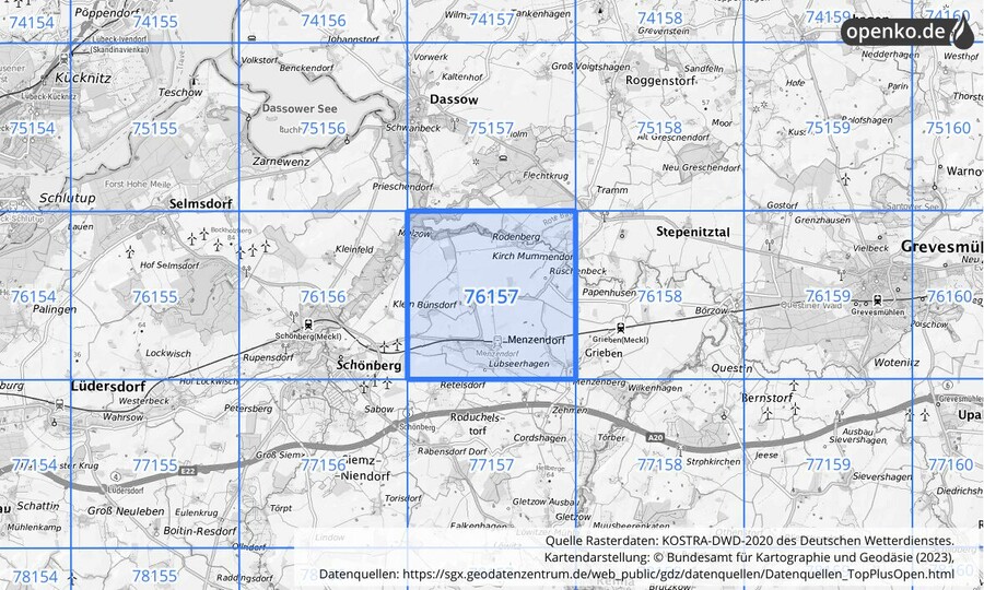 Übersichtskarte des KOSTRA-DWD-2020-Rasterfeldes Nr. 76157 Übersichtskarte des KOSTRA-DWD-2020-Rasterfeldes Nr. 76157