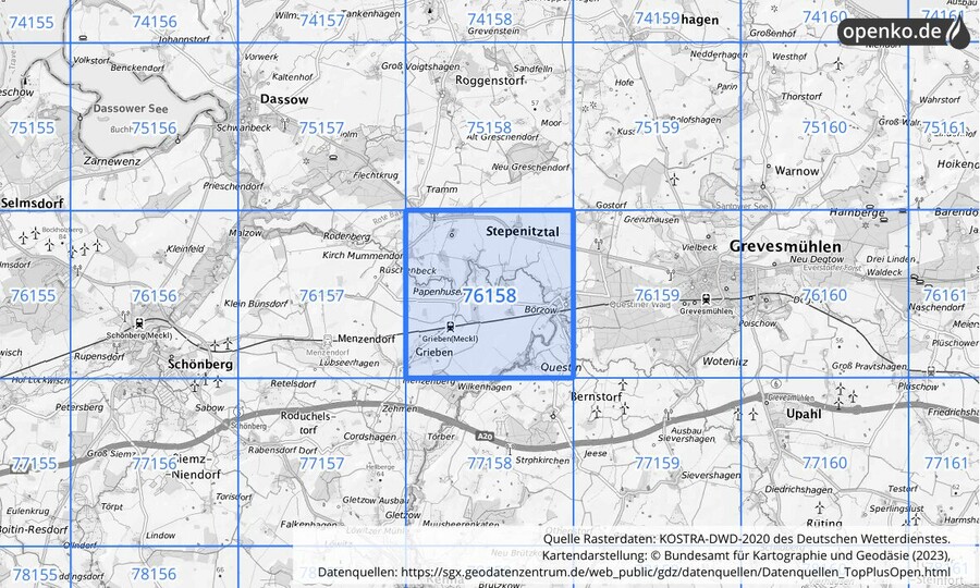 Übersichtskarte des KOSTRA-DWD-2020-Rasterfeldes Nr. 76158 Übersichtskarte des KOSTRA-DWD-2020-Rasterfeldes Nr. 76158