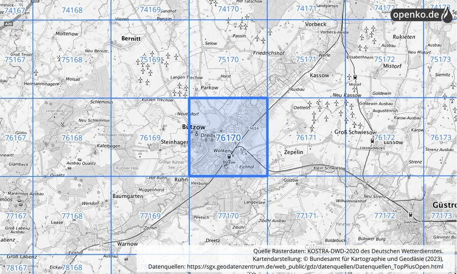 Übersichtskarte des KOSTRA-DWD-2020-Rasterfeldes Nr. 76170 Übersichtskarte des KOSTRA-DWD-2020-Rasterfeldes Nr. 76170
