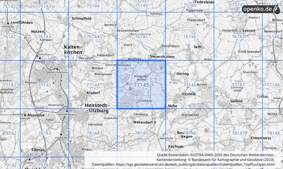 Übersichtskarte des KOSTRA-DWD-2020-Rasterfeldes Nr. 77145