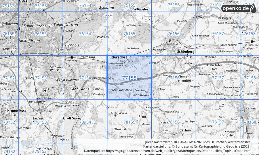 Übersichtskarte des KOSTRA-DWD-2020-Rasterfeldes Nr. 77155 Übersichtskarte des KOSTRA-DWD-2020-Rasterfeldes Nr. 77155
