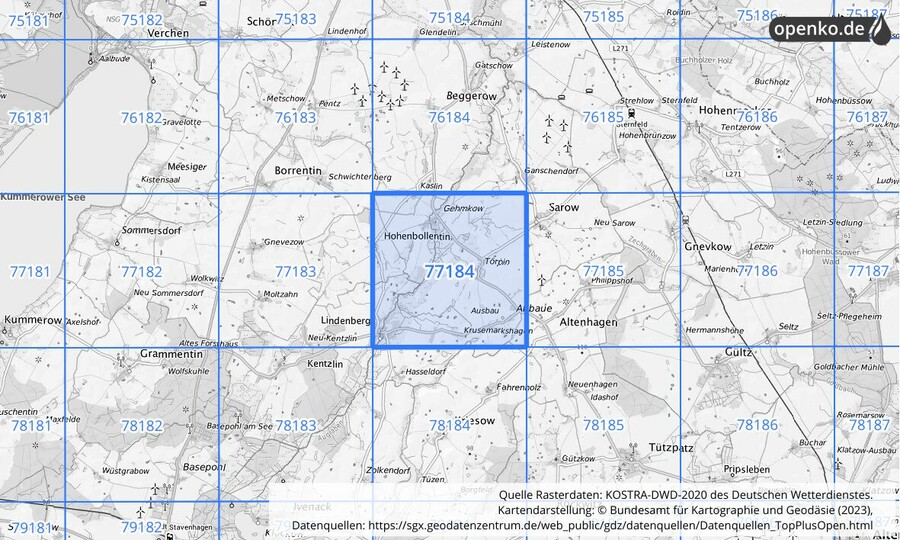 Übersichtskarte des KOSTRA-DWD-2020-Rasterfeldes Nr. 77184 Übersichtskarte des KOSTRA-DWD-2020-Rasterfeldes Nr. 77184