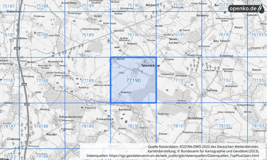 Übersichtskarte des KOSTRA-DWD-2020-Rasterfeldes Nr. 77190