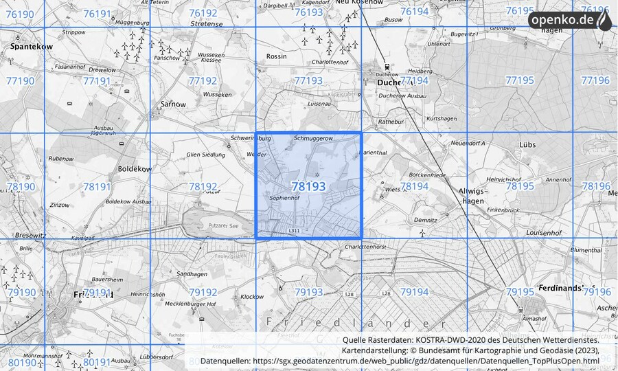 Übersichtskarte des KOSTRA-DWD-2020-Rasterfeldes Nr. 78193