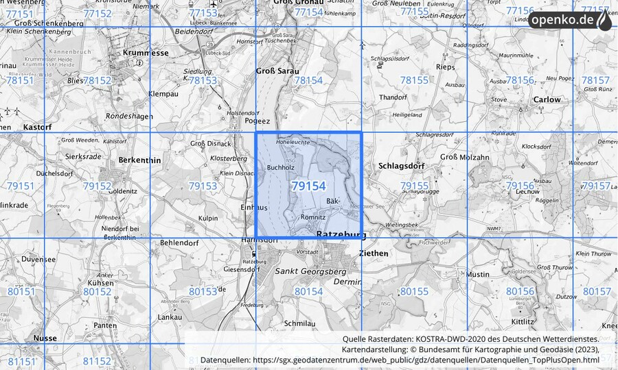 Übersichtskarte des KOSTRA-DWD-2020-Rasterfeldes Nr. 79154