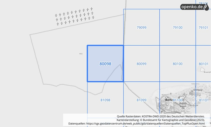 Übersichtskarte des KOSTRA-DWD-2020-Rasterfeldes Nr. 80098