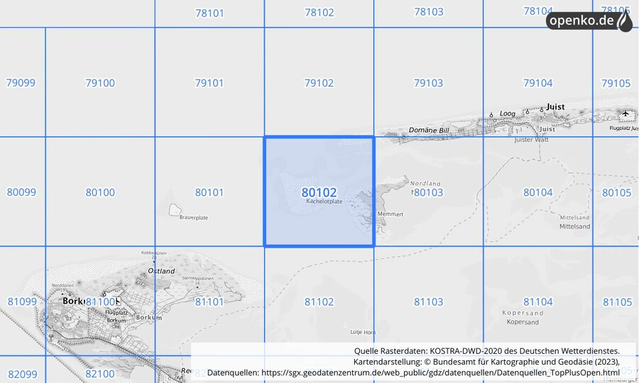 Übersichtskarte des KOSTRA-DWD-2020-Rasterfeldes Nr. 80102