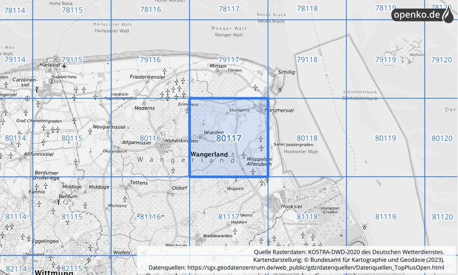Übersichtskarte des KOSTRA-DWD-2020-Rasterfeldes Nr. 80117