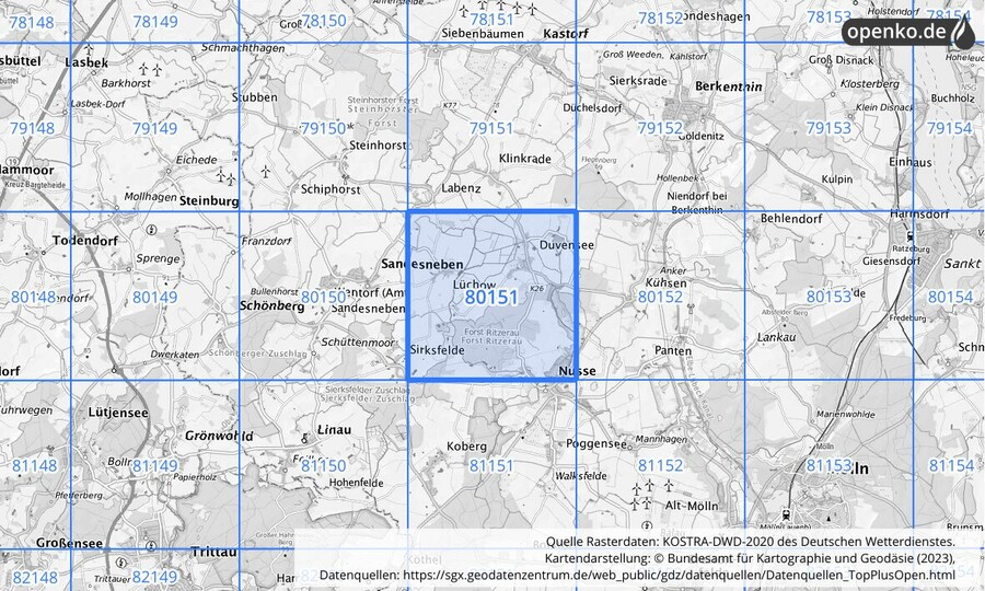 Übersichtskarte des KOSTRA-DWD-2020-Rasterfeldes Nr. 80151