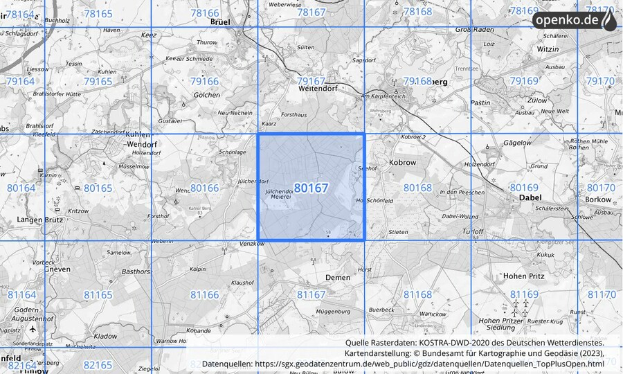 Übersichtskarte des KOSTRA-DWD-2020-Rasterfeldes Nr. 80167 Übersichtskarte des KOSTRA-DWD-2020-Rasterfeldes Nr. 80167