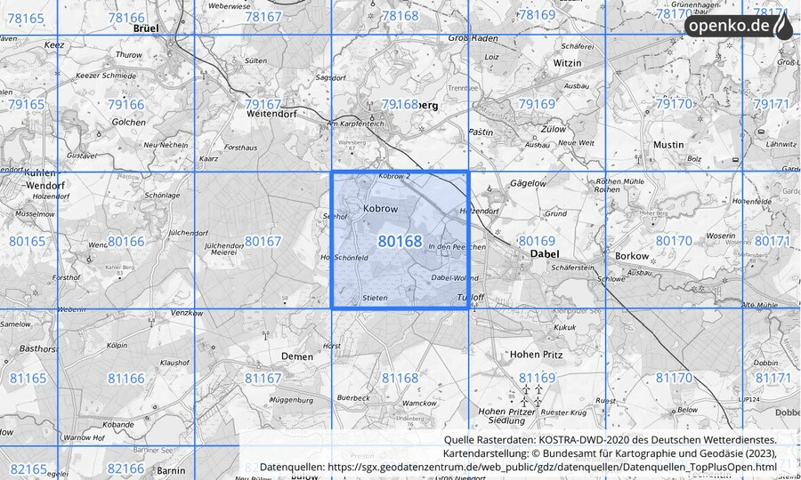 Übersichtskarte des KOSTRA-DWD-2020-Rasterfeldes Nr. 80168