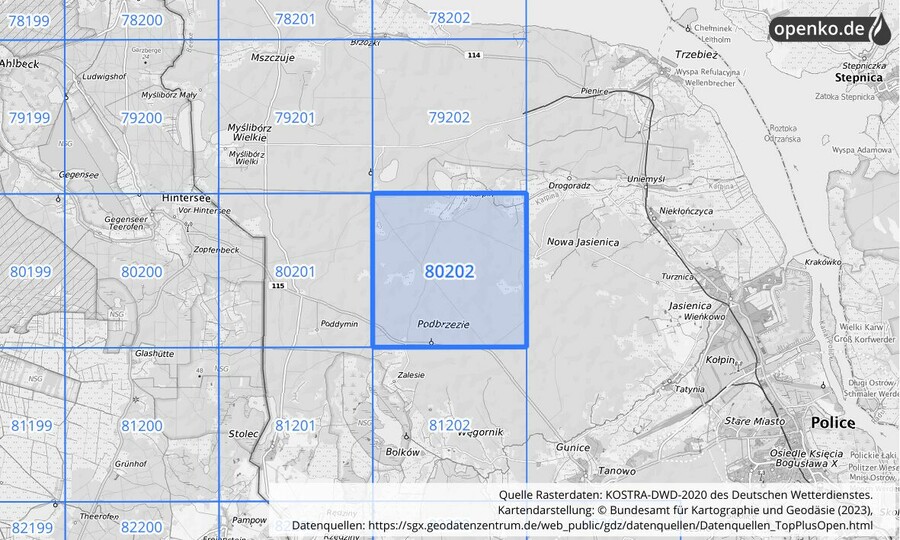Übersichtskarte des KOSTRA-DWD-2020-Rasterfeldes Nr. 80202