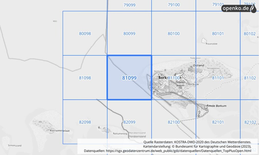 Übersichtskarte des KOSTRA-DWD-2020-Rasterfeldes Nr. 81099