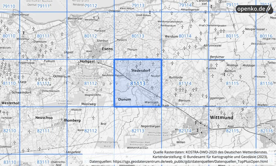 Übersichtskarte des KOSTRA-DWD-2020-Rasterfeldes Nr. 81113