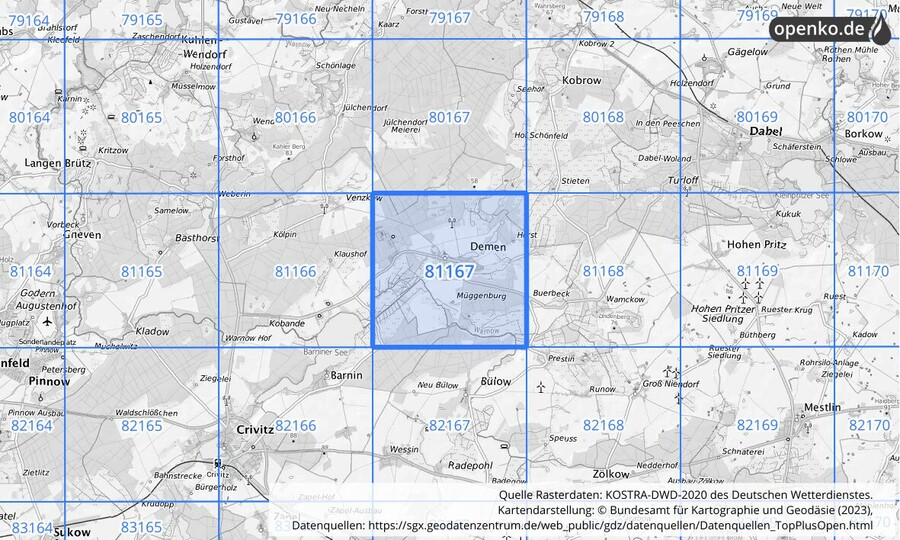 Übersichtskarte des KOSTRA-DWD-2020-Rasterfeldes Nr. 81167