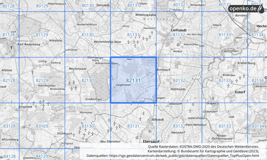 Übersichtskarte des KOSTRA-DWD-2020-Rasterfeldes Nr. 82131
